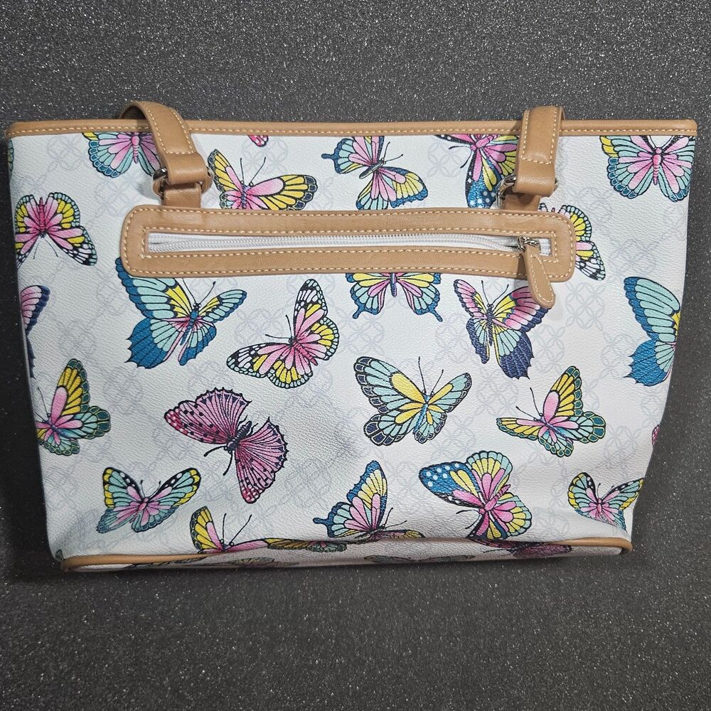 Kathy Van Zeeland Butterfly Tote Purse White Pink Multi Color Handbag